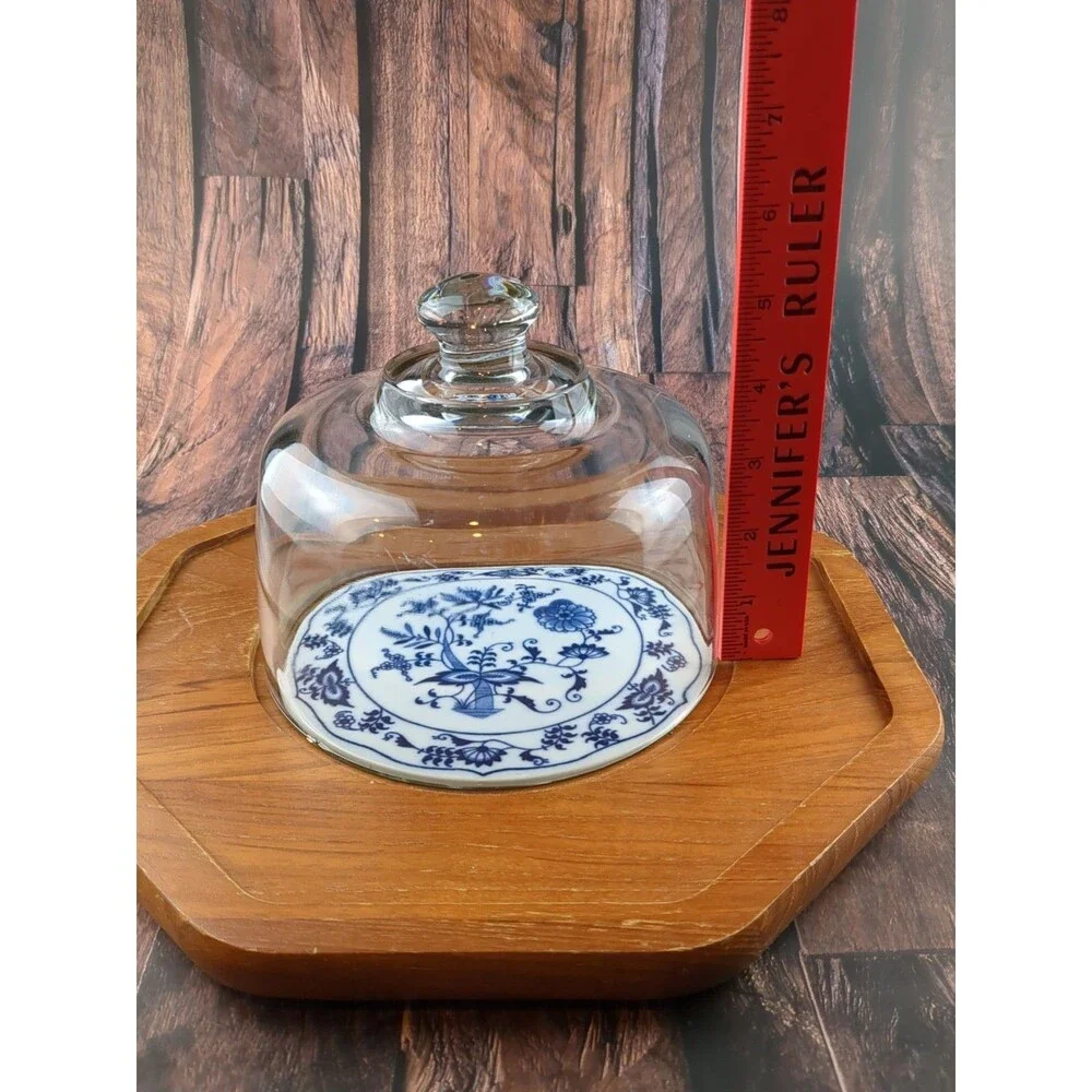 Rustic Coastal Teak Wood Charcuterie Tray Glass Cloche‎ Blue Tile Hexagon VTG